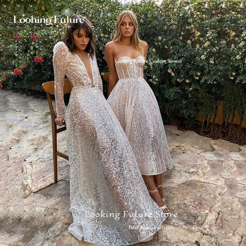 Modern A-Line Wedding Dresses Sexy Deep V-Neck Pleat Shiny Sequined Bride Dresses Long Sleeves Wedding Gowns Floor Length 2024