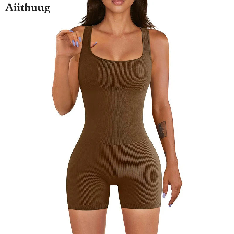 Aiithuug Thread Built-in Cup Yoga Jumpsuits Shorts Backless U-shaped Gym Suit Women's Sleeveless Tight Fitting Fitness Yoga Wear