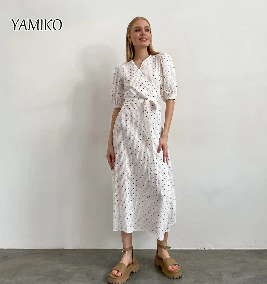 KAMIKO Cotton Heart Printing Lace-Up Dress Women Puff Sleeves V-Neck Midi Dresses Summer 2024 Boho Beach Print Dress Holiday