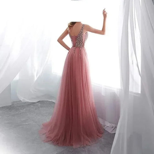 In The Summer of 2024 New Women's Fashion Elegant Pink Embroidery Bead Piece Dress Sexy Deep V Party Evening Dress