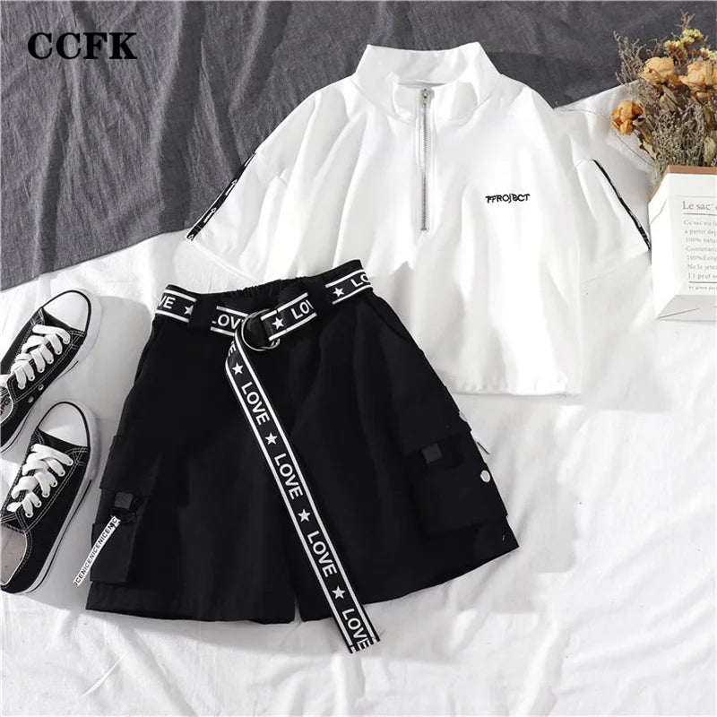 Summer Techwear Women Clothing Suit Harajuku Belt Cargo Shorts Crop Top Female Overalls Tomboy 2 Piece Sets Goth Emo Alt Clothes