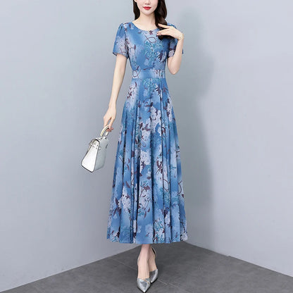 2024 Casual Floral Chiffon Vintage Party Dress Spring Summer Elegant Women Short Sleeve Midi Dress V-neck Boho Beach Long Dress