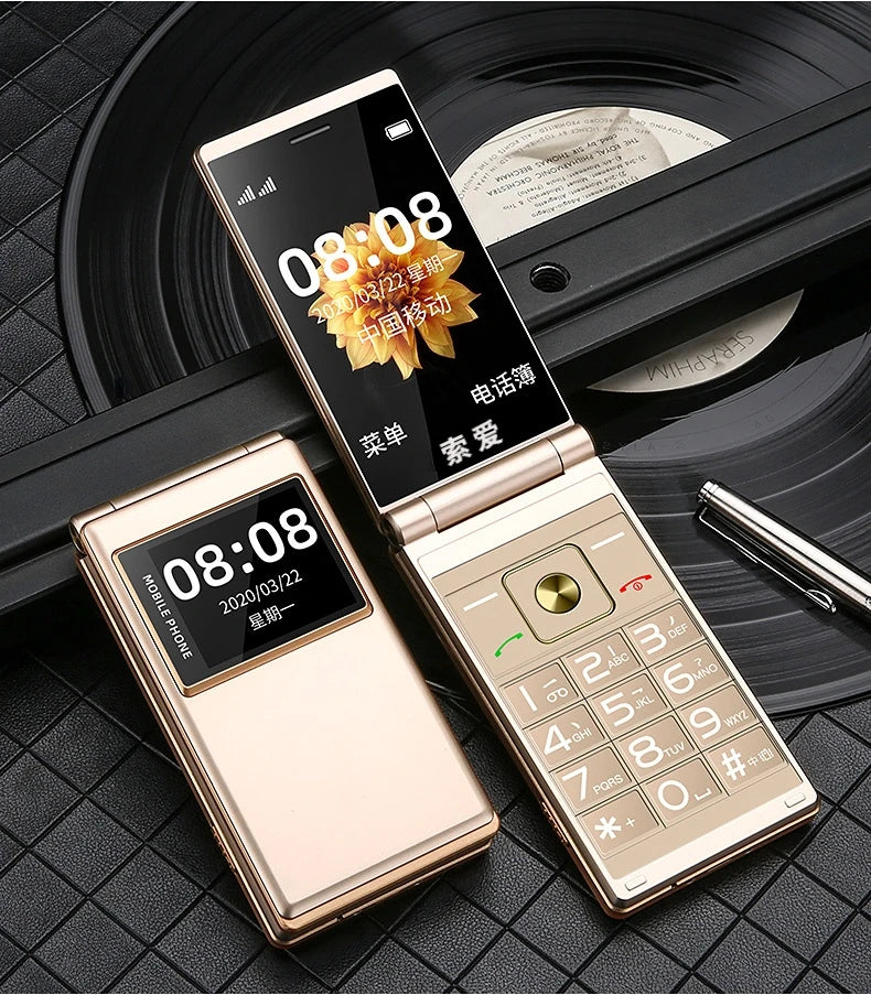 Foldable Flip Senior Mobile Phone Dual Display Large Key Loud Sound SOS Speed Dial Blacklist Dual Sim Card Double Torch