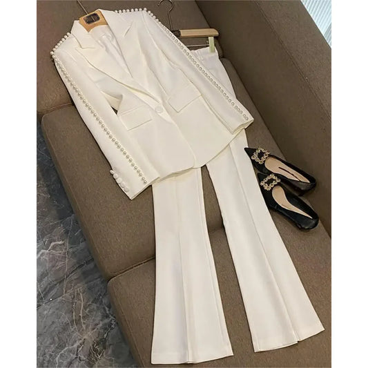 Luxury Pearls Women Pants Sets 2 Piece White Peak Lapel Single Button Wear Fashion Elegant Wedding Party Office Lady Suits