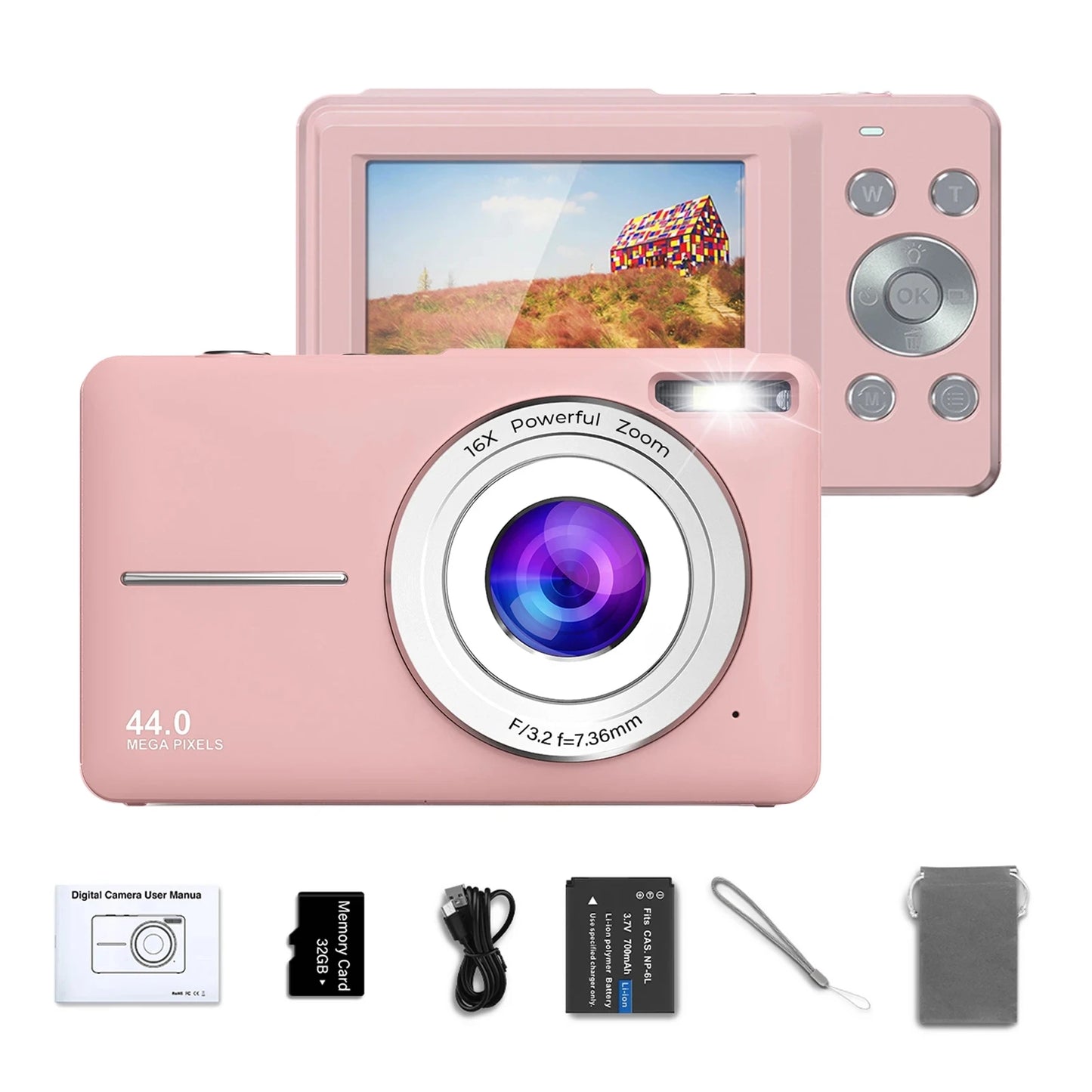 HD 1080P Digital Camera 2.4 Inches Rechargeable Cameras with 16x Zoom Compact Camera 44MP Cameras for Kids Girls Camera Digit