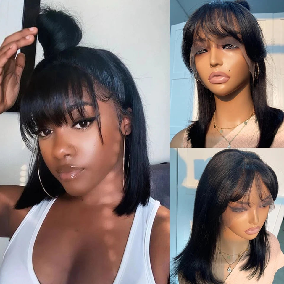 Brazilian Straight Bob Lace Front Wig With Bangs Remy Human Hair Black Color Wigs For Women Brown 33# Hair T Part Lace Wigs