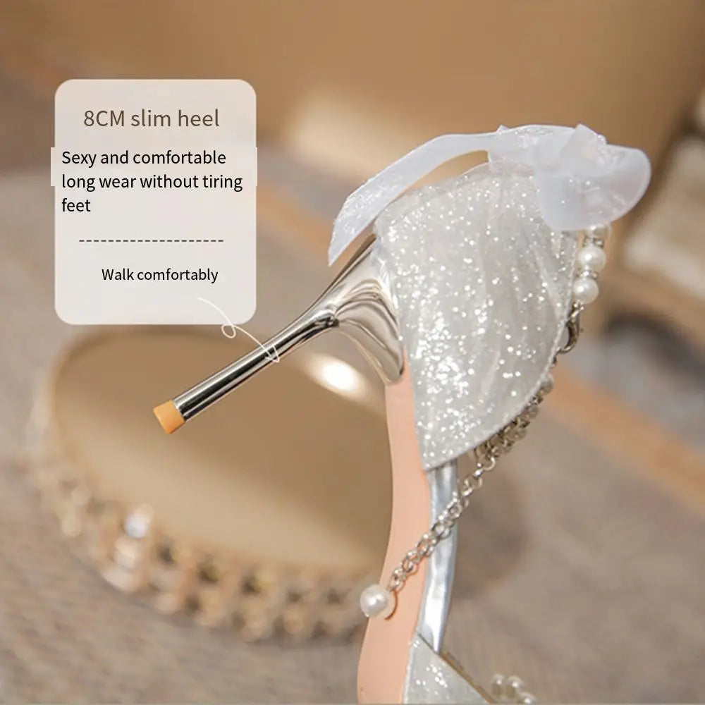 Pearl Thin Heel Hollow Sandals Elegant Champagne Silver Pointed Toe High Heels Butterfly with Ankle Straps Women's Wedding Shoes