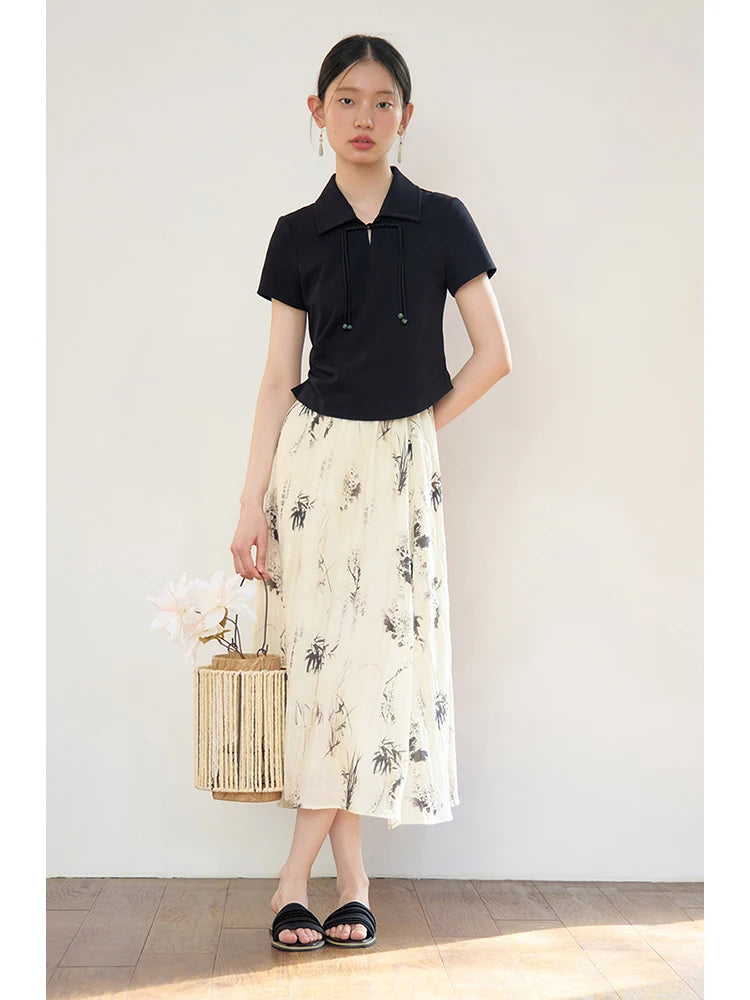 ZIQIAO Classic New Chinese Style Floral Skirt Top Set 2024 Summer New Slim Shirt Long Skirt Versatile Casual Lady Suit 24ZQ92232