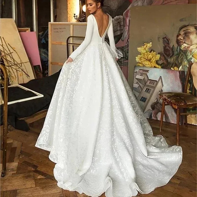 Flavinke Vintage Satin Lace Wedding Dresses 2024 Long Sleeve V-neck Backless Bridal Gowns White Vestido de Novia Open Back Long