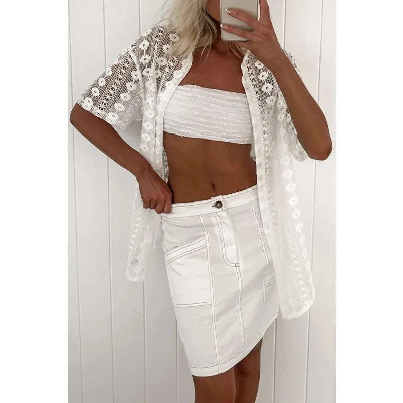 2024 Spring Summer New Women's Clothing Solid Color Lace Hollow Short-Sleeved Cardigan Shorts Two-Piece Suit