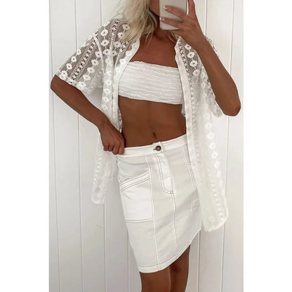 2024 Spring Summer New Women's Clothing Solid Color Lace Hollow Short-Sleeved Cardigan Shorts Two-Piece Suit