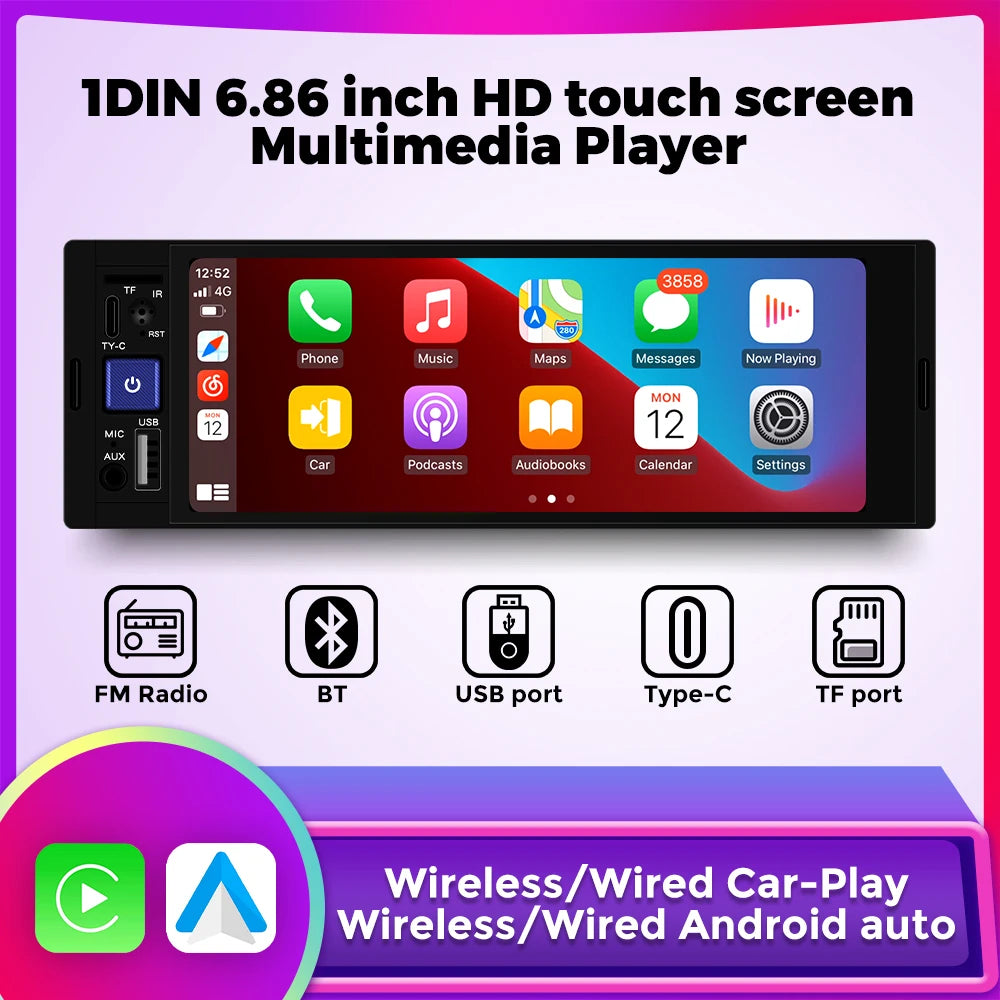 7" HD Touchscreen Car Radio 1DIN MP5 Multimedia Player - Universal Video System with Wireless CarPlay, Android Auto, AUX, USB, SWC, and Bluetooth