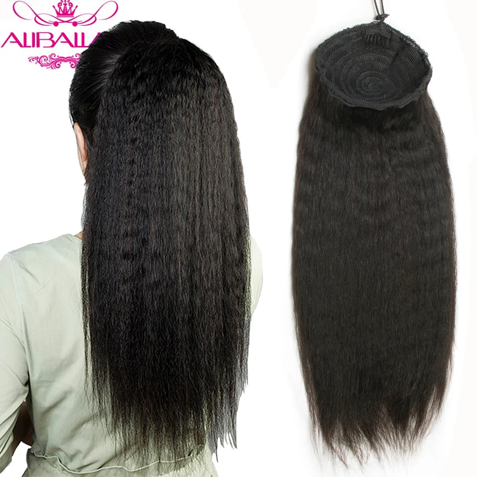 Aliballad Brazilian Afro Kinky Straight Drawstring Ponytail Human Hair Extensions Remy Pony Tail With Clip In For Women