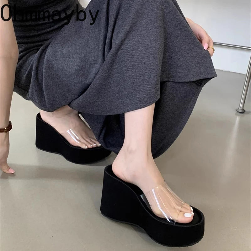 2024 Summer Chunky Woman Slippers Fashion PVC Transparent Platform Wedges Heel Slides Ladies Casual Outdoor Beach Shoes