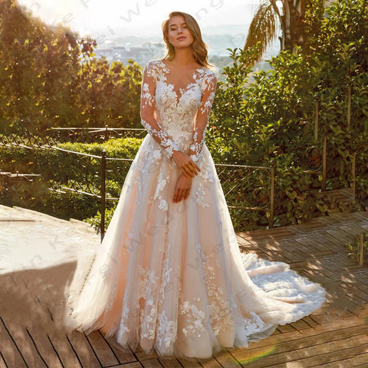 2024 Gorgeous Women's Wedding Dresses Lace Applique Round Neck Long Sleeve Princess Bridal Gowns Formal Beach Party Fashion Robe