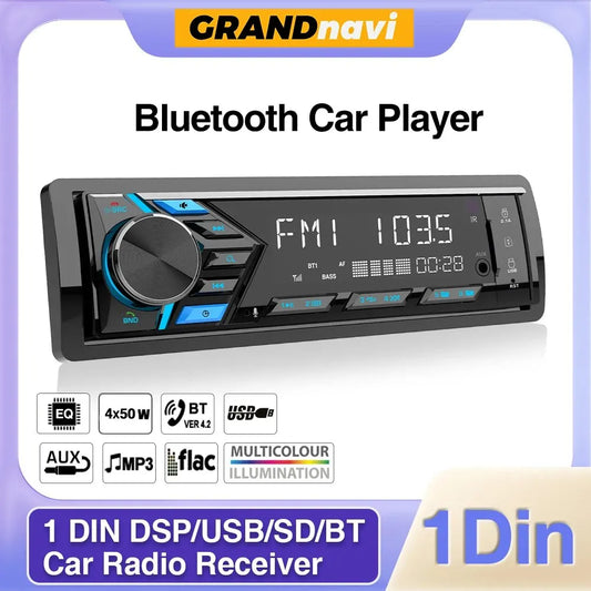 Grandnavi 1Din Bluetooth MP3 Car Stereo Radio with FM, Aux, SD/USB Inputs - 12V In-Dash Multimedia Receiver