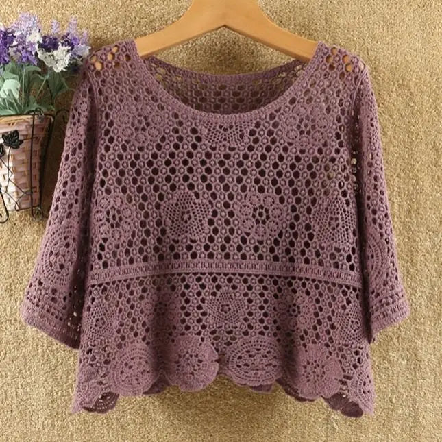 2022 Women Summer Fashion Loose Hollow Sweater Shirt Female O-neck Knitted Pullover Tops Ladies Short Sleeve Crocheted Tops W24