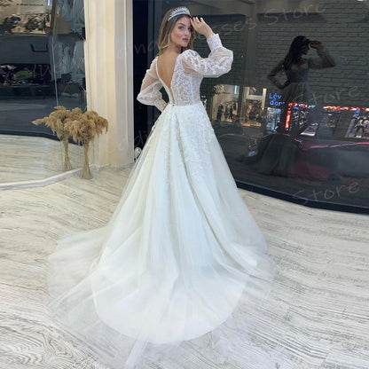 Charming Pretty A Line Women's Wedding Dresses Elegant Lace Appliques Bride Gowns V Neck Long Sleeve Backless Vestido De Noivas