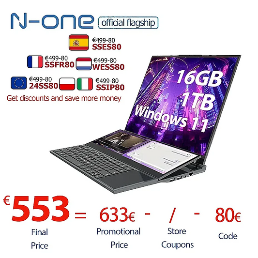 N-one Nbook Fly Windows 11Pro Laptops 16GB+1T Double Screen Touch Intel® Core™ i7-10850H Office Study Computer