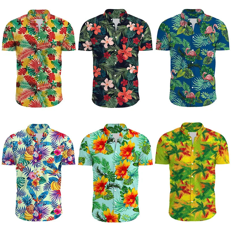 Men Street Fashion Summer Daily Shirt Hawaiian Cover Flowers Print Casual Loose Shirts Short Sleeve Beach Loose Tops Clothing