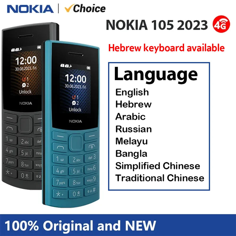 Original Nokia 105 4G 2023 Feature Phone Dual SIM Bluetooth 5.0 1450mAh Battery FM Radio Call Recording with Hebrew Keyboard