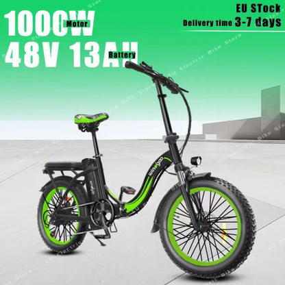 Electric Bike 1000W Brushless Motor 48V13AH Lithium Battery Folding Ebike Adult Mountain 20 Inch Tire Aluminum Electric Bicycle