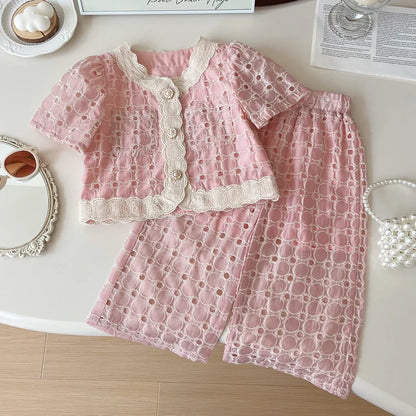 Children's Clothing Sets Cut-out Lace Short-sleeved Top + Wide-leg Pants + Shorts 3pcs Sets Kids Clothes Girls 2 To 7 Years