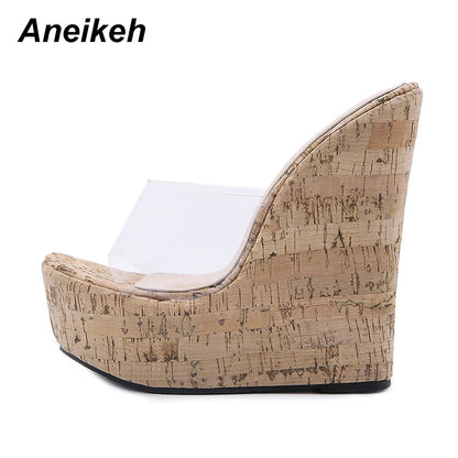 Aneikeh PVC Transparent Wedges Platform Sandals High Heeled Summer 2023 Fashion Women's Slippers Thick Sole Beach Shoes Mujer