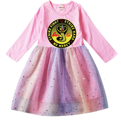 2-10Years Cute Cobra Kai Clothes Baby Girls Long Sleeve Princess Dresses with Little Bag Kids Cartoon Rainbow Sequin Dress Sets