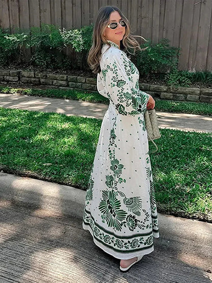 Print Maxi Dress Women Elegant Single Breast Lapel Long Lantern Sleeve Female Long Robes 2024 New Beach Vocation Vestido فستان