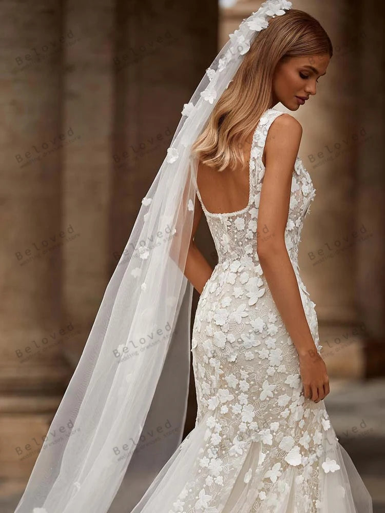 Glamorous Wedding Dresses 3D Flower Print Bridal Gowns Square Collar Robes For Formal Party Backless Vestidos De Novia 2024