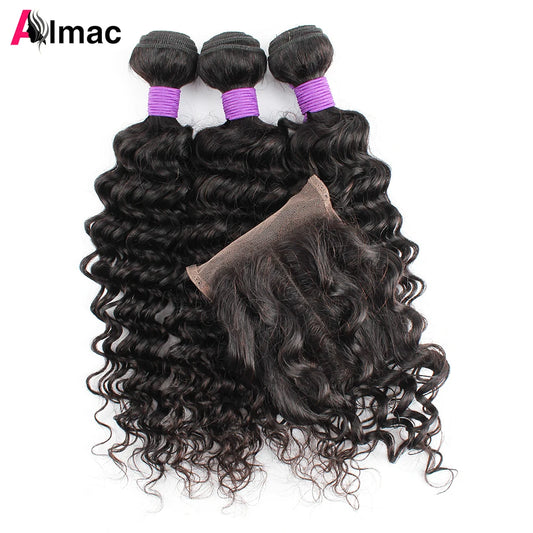 Natural Color Deep Wave Human Hair Bundles With 4x4 Lace Closure Brazilian Remy Hair Extention 200g/Set Free Part Swiss Lace