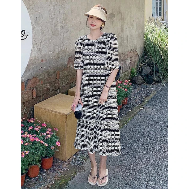 Fashion O-Neck Knitted Hollow Out Striped Casual Dresses Female Clothing 2024 Summer New Loose Short Sleeve All-match Midi Dress