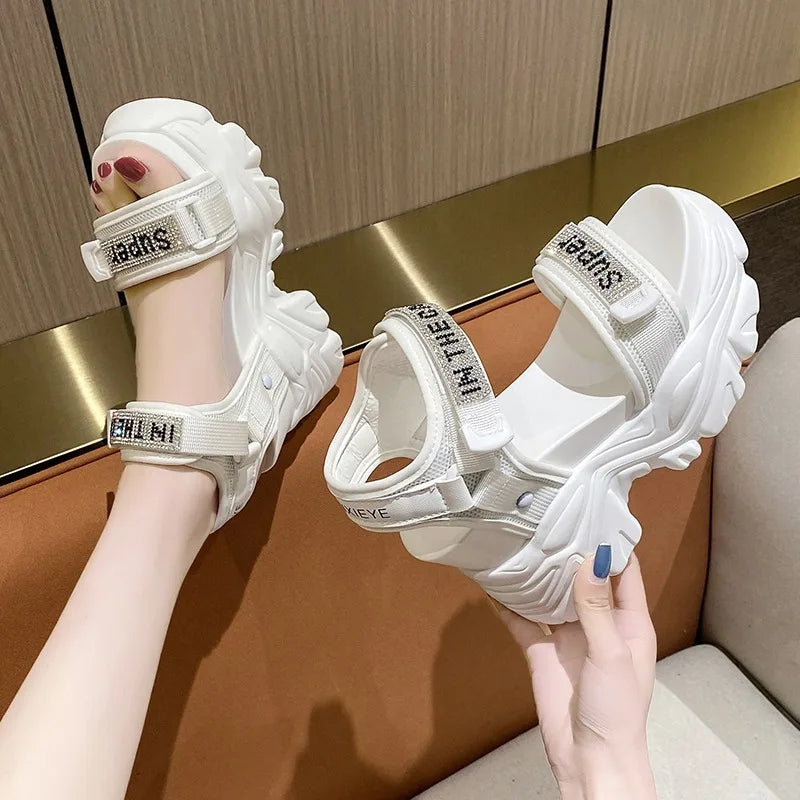 New Summer Black Women High Platform Sandals 11CM Wedge Heels Bling Slippers Peep Toe High Heels White Leather Chunky Flip-Flops