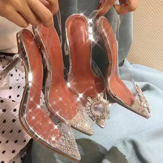 Transparent PVC Sandals Women Pointed Clear Crystal Cup High Heel Stilettos Sexy Pumps Summer Shoes Peep Toe Women Pumps Size 43