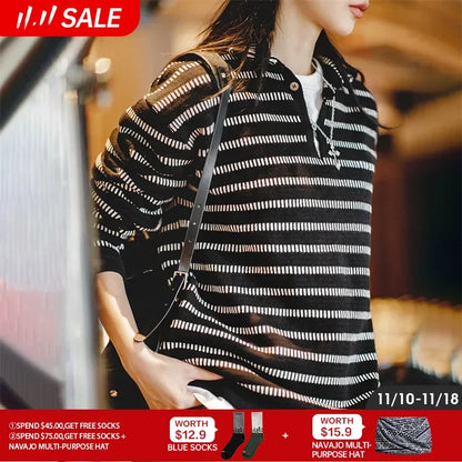 Maden Arrow Feature Knitted Striped Polo for Women Soft and Comfortable Sweater Autumn and Winter Unisex Thick Pullover