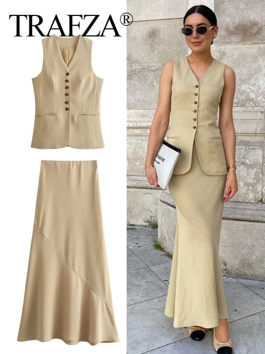 TRAFZA Women Vest Skirt Sets Female Khaki Long Blazer Vest V Neck Sleeveless Slim Top+Elegant High Waist A Line Skirt Suit TRAF