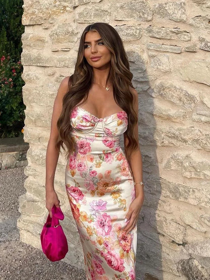 Suninheart Elegant Floral Maxi Bodycon Dress - Spaghetti Straps, Perfect for Summer Weddings & Holidays 2023