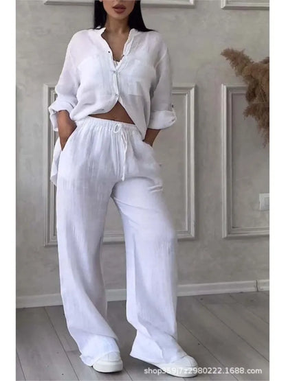 Women Two Piece Sets 2024 Spring Autumn Casual Long Sleeve Pocket Shirts 2 Piece Set Fashion Loose Wide Leg Pants Suit Outfites