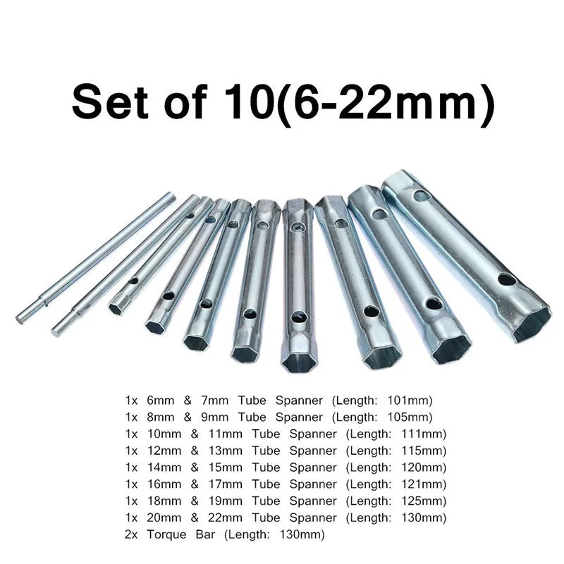 6-22mm 10Pcs Metric Tubular Box Wrench Set Tube Bar Spark-Plug Spanner Steel Double Ended for Automotive Plumb Repair Hand Tools