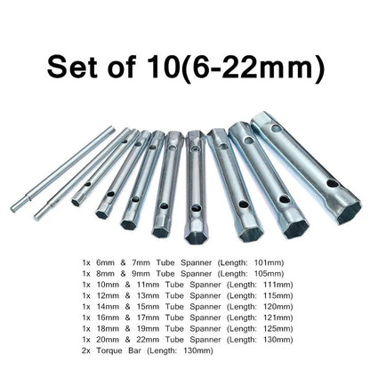 6-22mm 10Pcs Metric Tubular Box Wrench Set Tube Bar Spark-Plug Spanner Steel Double Ended for Automotive Plumb Repair Hand Tools