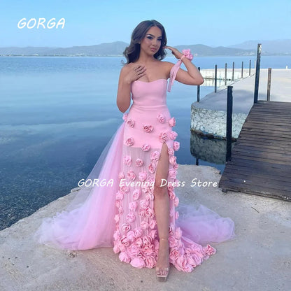 GORGA Simple Pink Strapless Tulle A-LINE Prom dress 2024 Slim 3D Flowers Floor-Length Formal Evening Dress