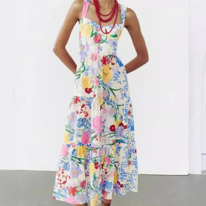 European and American Style Summer New Seaside Vacation Camisole Print Long Dress with A Slim Waist and Small Floral Dress