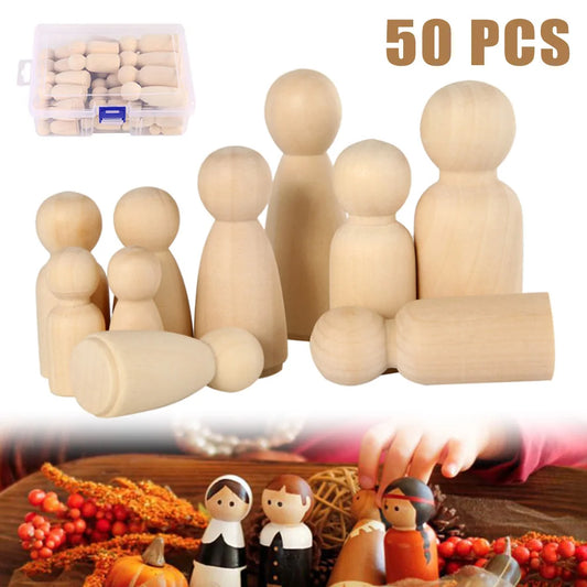 50pcs Unfinished Wooden Peg Doll for DIY Painting Natural Wood Peg People in 4 Sizes Wooden Doll for Kids Arts and Crafts