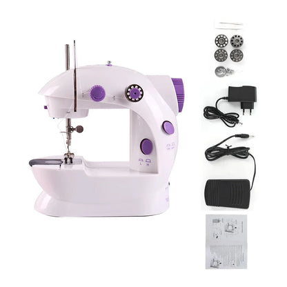 Mini Electric Sewing Machine Home Small Double Speed Household Portable Night Light Foot Pedal Straight Two Thread Beginner Kit