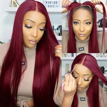 Pre Cut No Glue Glueless Wig Human Hair Ready To Wear And Go Preplucked Brazilian Straight 99J Red Human Hair Wigs For Women 30"