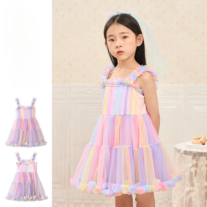 New Dress Girl Summer Party Children Sleeveless Mesh Princess Dress Patchwork Cute Rainbow Dress Kids Clothes