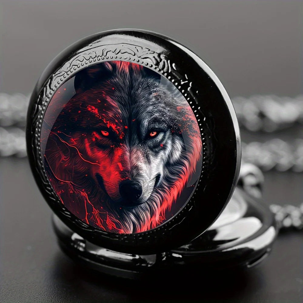 Vintage Wolf Animal Design Quartz Pocket Watch with Black Necklace Pendant World-Time Feature, Analog Display For Women Men Kids