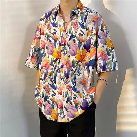 2024 Summer New Ice Silk Thin Elastic Short Sleeve Flower Shirt Men's Large Loose Hawaiian Beach Flower Shirt