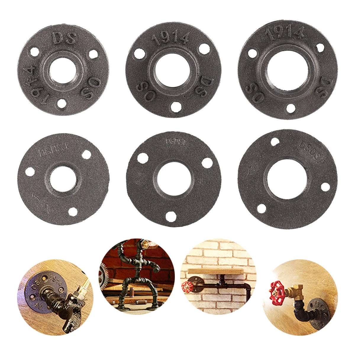 Cast Iron Flange Black Decorative Malleable Iron Wall Mount Floor Antique Pipe Fitting Garden Yard Decoration Supplies 1/5Pcs